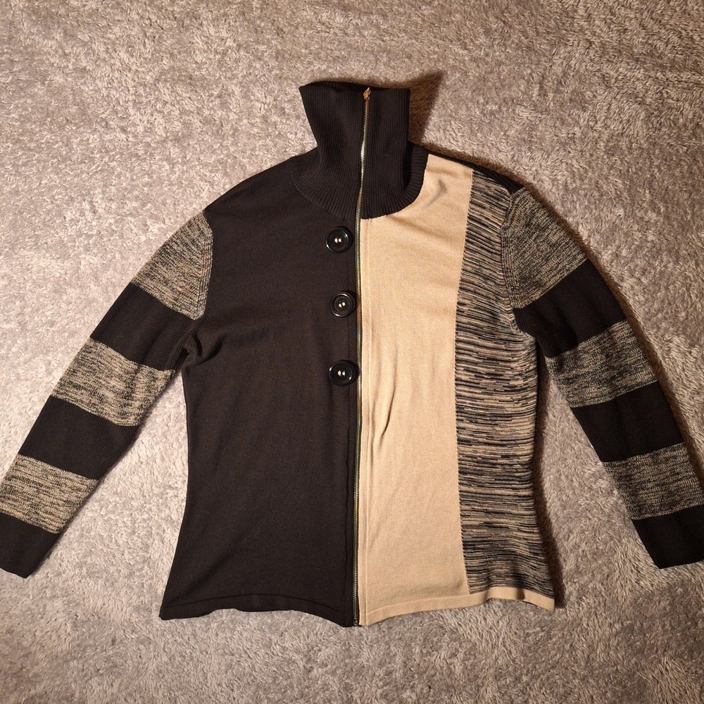 ANGEL Black Beige Stripe High Neck Zip Up Cardigan Sweater Womens L Made Turkey